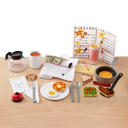 Handcrafted wooden indoor playset including double-sided food pieces like egg, waffle, and steak, play money, working bell, menu, and milkshake, ideal for children's toys and best sellers collections.