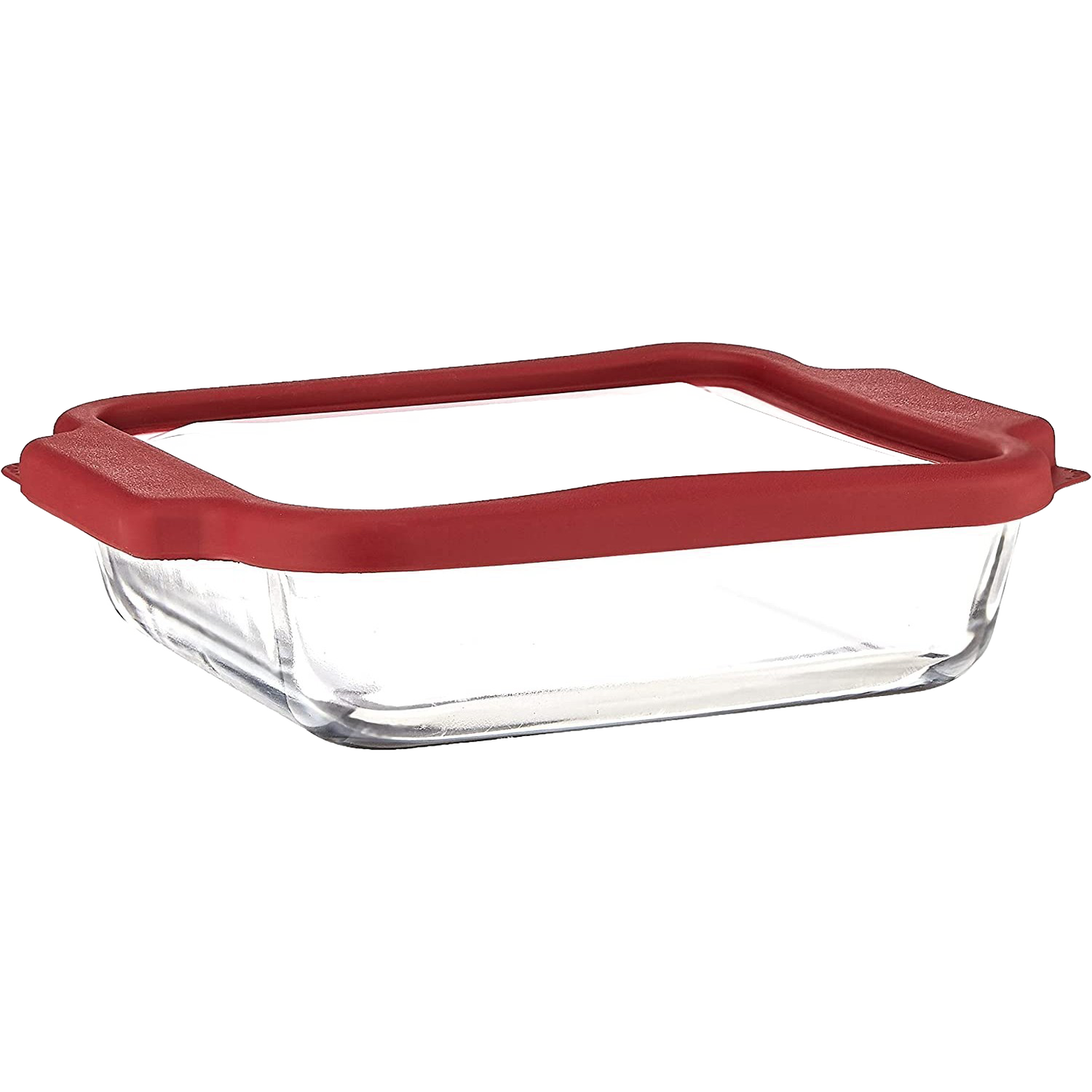 Handcrafted glass bakeware with a durable red plastic storage lid designed for secure food transport and storage, ideal for Kitchen & Food, Storage and Serving, USA Made, and Best Sellers collections.