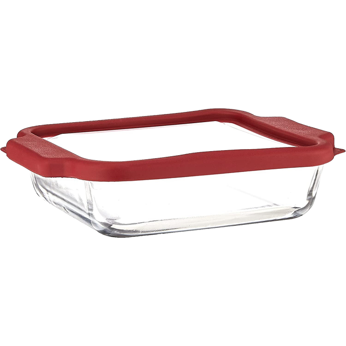 Handcrafted glass bakeware with a durable red plastic storage lid designed for secure food transport and storage, ideal for Kitchen & Food, Storage and Serving, USA Made, and Best Sellers collections.