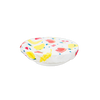 Colorful reusable bowl cover with elastic band securing a fruit-patterned plastic cover over a glass bowl, featured in Kitchen & Food, Storage and Serving, and Best Sellers collections.