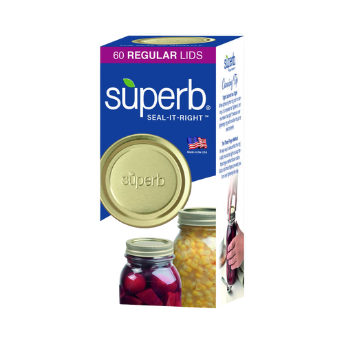 Box of 60 regular mouth canning jar lids with a gold-tone finish embossed with branding, made in the USA for food preservation, included in kitchen and canning collections.