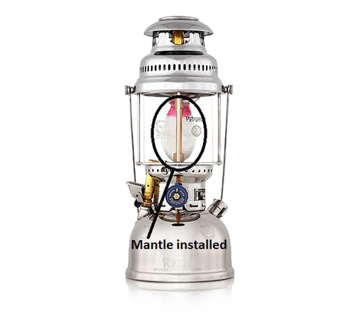 High-quality rounded mantle installed inside a silver high-pressure lamp, featured in Lamps & Lighting, Parts and Accessories, Wicks and Mantles, Best Sellers, and Promo Eligible collections.