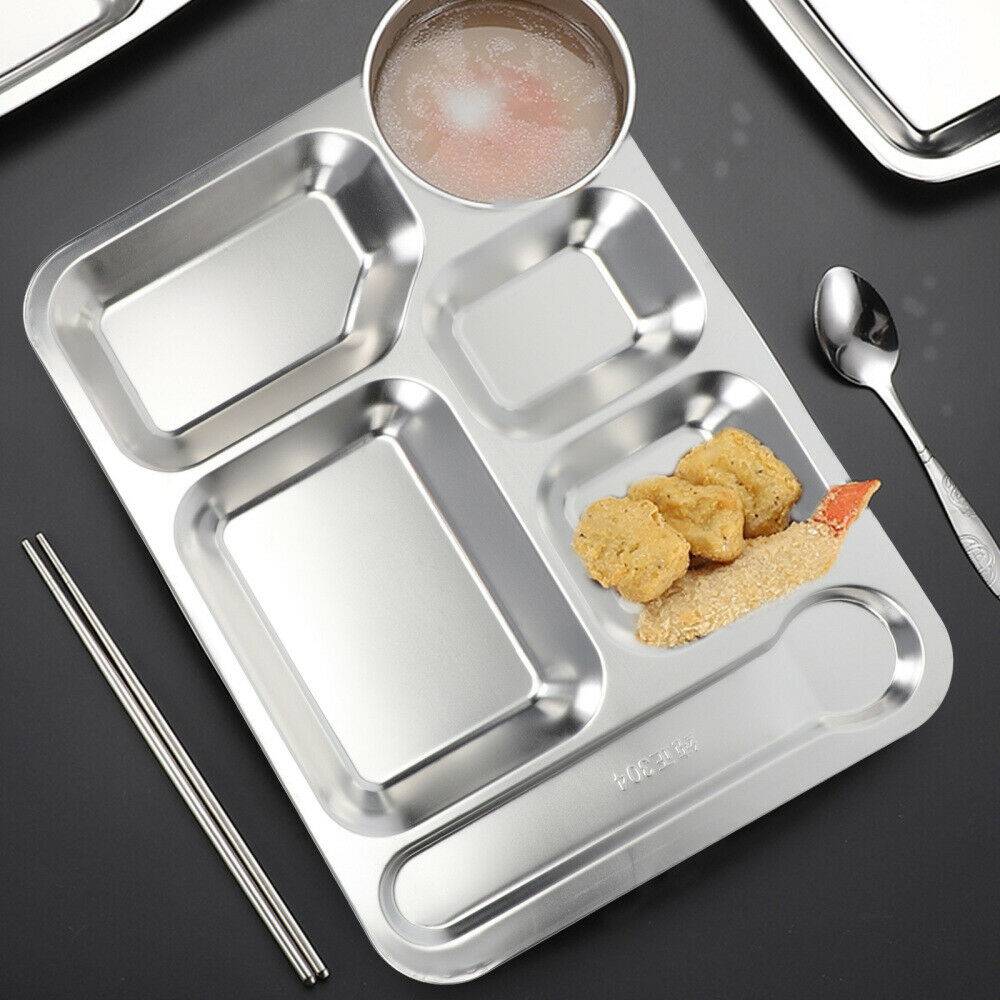 Stainless steel picnic tray with six compartments, showcasing crispy nuggets and dipping sauce, styled with chopsticks and spoon, ideal for Kitchen & Food, Dinnerware, Best Sellers, Promo Eligible, and Sale collections.