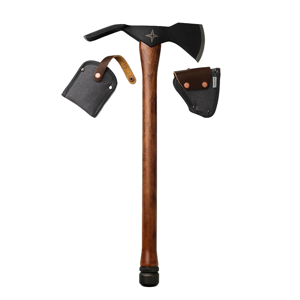 Pulaski axe with a hand-sharpened 1055 high carbon steel head and wooden handle, including protective canvas sheath, designed for chopping, digging, and cultivating in farm and garden work.