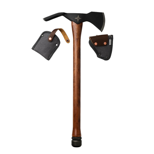 Pulaski axe with a hand-sharpened 1055 high carbon steel head and wooden handle, including protective canvas sheath, designed for chopping, digging, and cultivating in farm and garden work.