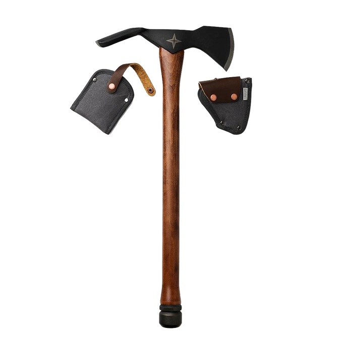 Pulaski axe with a hand-sharpened 1055 high carbon steel head and wooden handle, including protective canvas sheath, designed for chopping, digging, and cultivating in farm and garden work.