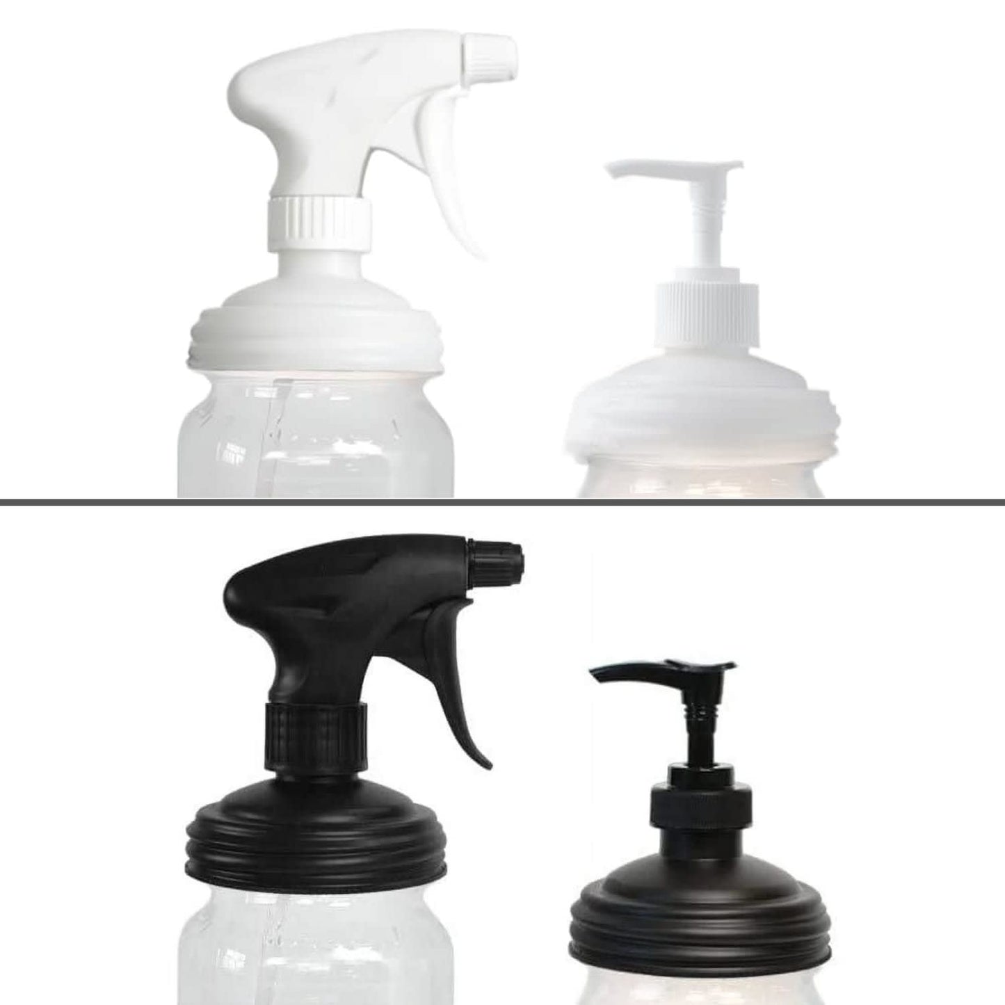 Set of two eco-friendly reusable sprayer and pump lids in white and black, designed for regular-mouth jars, suitable for Home & Decor, Household Helpers, USA Made, and Best Sellers collections.