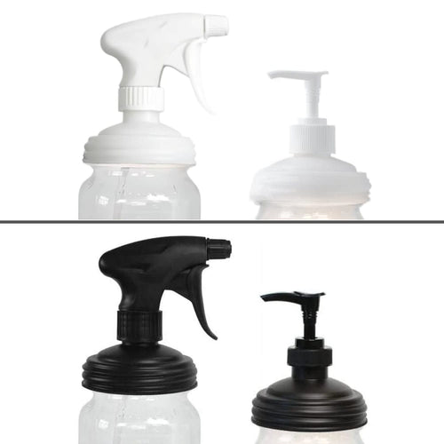 Set of two eco-friendly reusable sprayer and pump lids in white and black, designed for regular-mouth jars, suitable for Home & Decor, Household Helpers, USA Made, and Best Sellers collections.