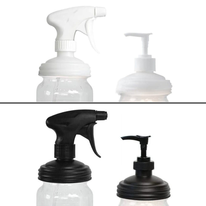 Set of two eco-friendly reusable sprayer and pump lids in white and black, designed for regular-mouth jars, suitable for Home & Decor, Household Helpers, USA Made, and Best Sellers collections.