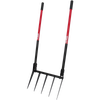 Handcrafted steel broadfork with five sharp angled tines and red handles, designed for efficient soil cultivation in farm, garden, and digging tool collections.