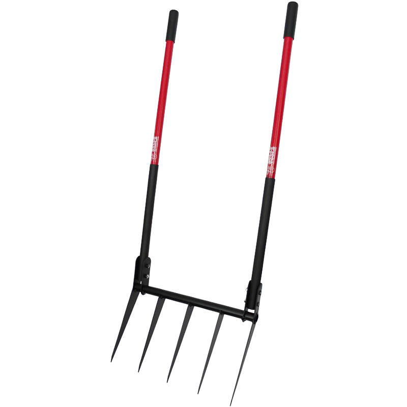 Handcrafted steel broadfork with five sharp angled tines and red handles, designed for efficient soil cultivation in farm, garden, and digging tool collections.
