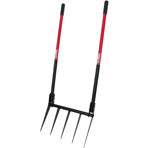 Handcrafted steel broadfork with five sharp angled tines and red handles, designed for efficient soil cultivation in farm, garden, and digging tool collections.