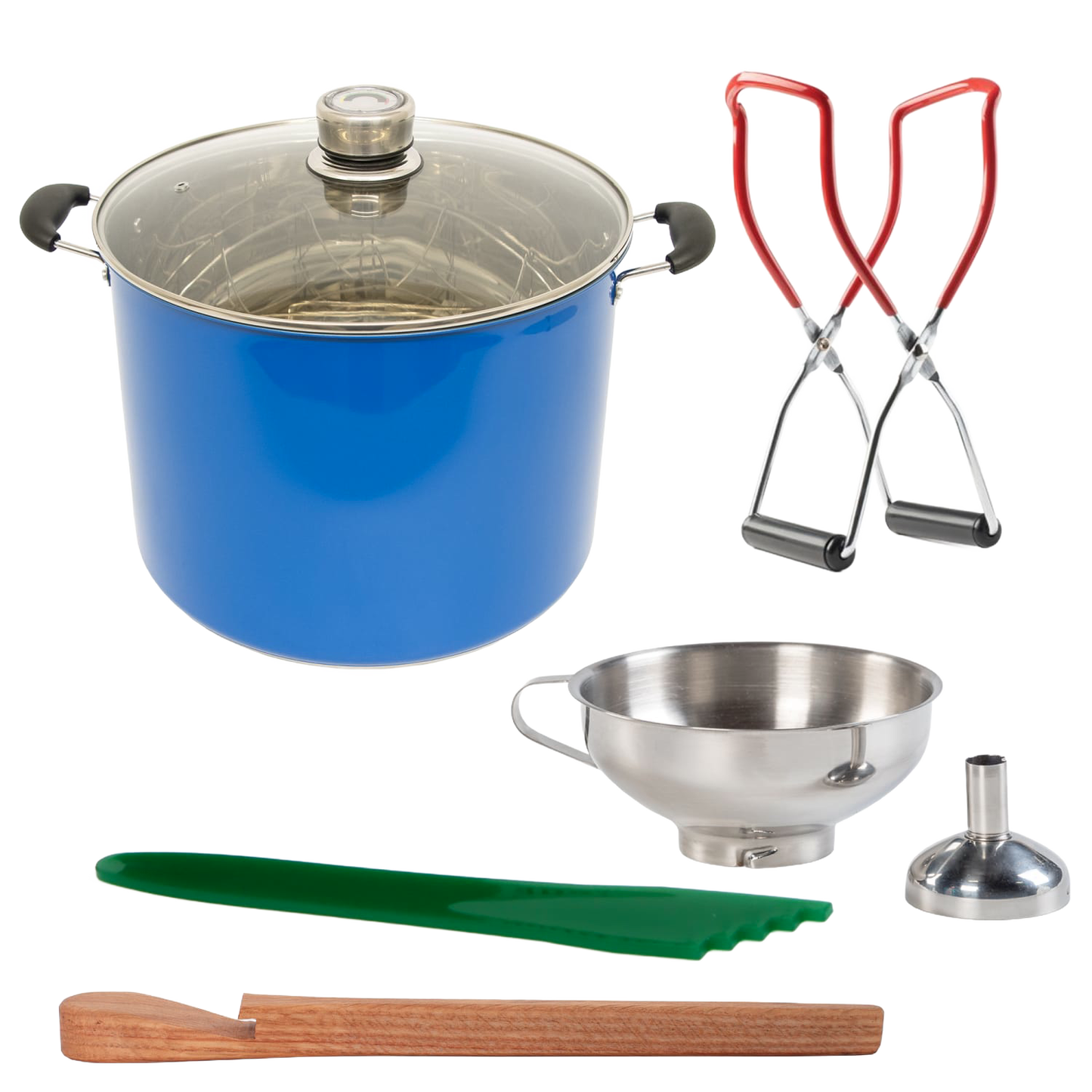 Handcrafted Lehman's 21.5-qt blue water bath canner with glass lid, red-handled jar lifters, stainless steel funnel, green silicone spatula, and wooden stirring paddle, ideal for Kitchen & Food, Food Preservation, Canning, and Best Sellers collections.