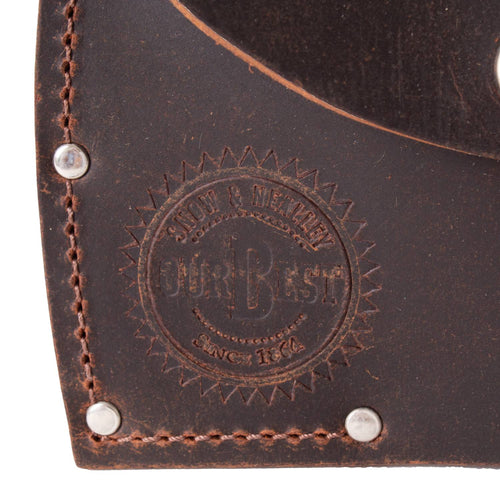 Close-up of stamped logo on dark full-grain leather sheath with reinforced stitching and metal rivets, handmade in USA, Amish made, ideal for Farm, Garden & Tool and Knives & Axes collections.