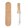 Gardening knife with a smooth wooden handle and a sharp serrated stainless steel blade marked with measurements, accompanied by a USA-made leather sheath, ideal for Farm, Garden & Tool, Digging and Cultivating, Garden Accessories, Best Sellers, and Promo Eligible collections.