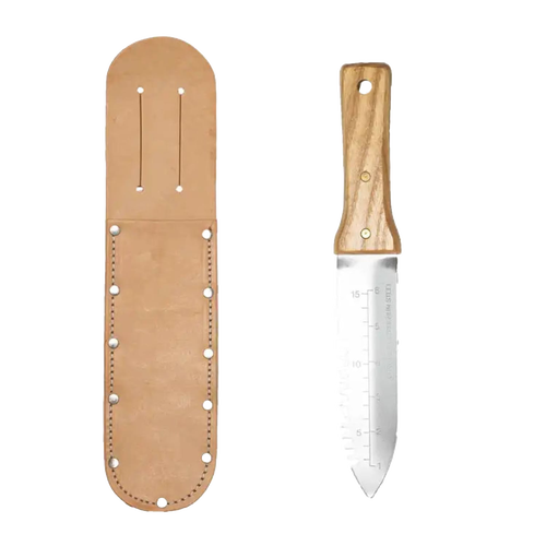 Gardening knife with a smooth wooden handle and a sharp serrated stainless steel blade marked with measurements, accompanied by a USA-made leather sheath, ideal for Farm, Garden & Tool, Digging and Cultivating, Garden Accessories, Best Sellers, and Promo Eligible collections.