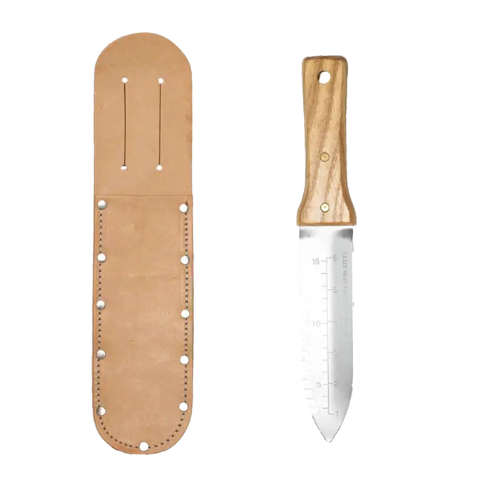 Gardening knife with a smooth wooden handle and a sharp serrated stainless steel blade marked with measurements, accompanied by a USA-made leather sheath, ideal for Farm, Garden & Tool, Digging and Cultivating, Garden Accessories, Best Sellers, and Promo Eligible collections.