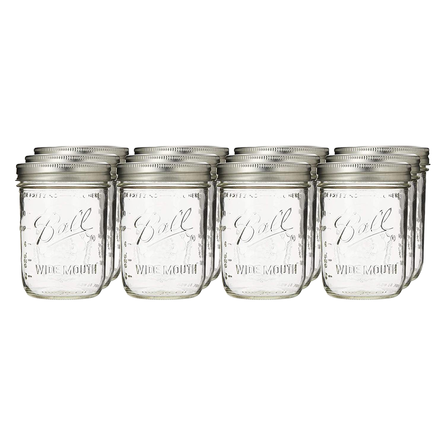 Set of 12 clear wide-mouth pint jars with metal lids, handcrafted and made in USA, perfect for food preservation, kitchen storage, canning, and crafting projects.