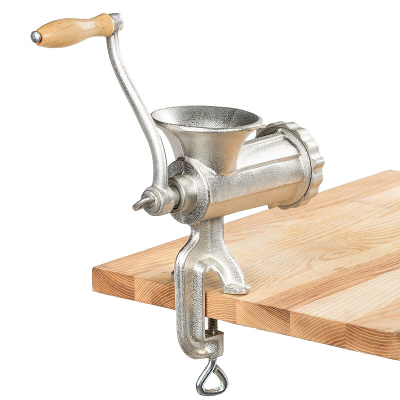 Hand-cranked #10 clamp-on meat grinder with wooden handle, made for medium and coarse grinding, suitable for Kitchen & Food, Specialty Equipment, Butchering Supplies, and Best Sellers collections.