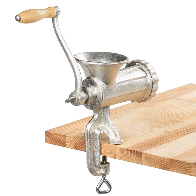 Hand-cranked #10 clamp-on meat grinder with wooden handle, made for medium and coarse grinding, suitable for Kitchen & Food, Specialty Equipment, Butchering Supplies, and Best Sellers collections.