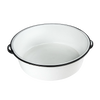 White enamelware dish basin with black trim and handles, sturdy and versatile for camping, household cleaning, and farm use, featured in home decor and outdoor collections.