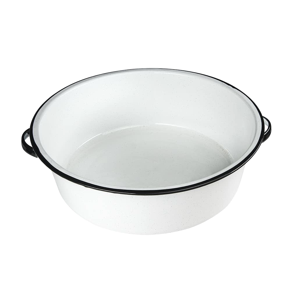 White enamelware dish basin with black trim and handles, sturdy and versatile for camping, household cleaning, and farm use, featured in home decor and outdoor collections.