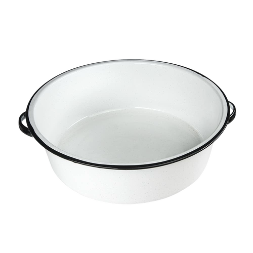 White enamelware dish basin with black trim and handles, sturdy and versatile for camping, household cleaning, and farm use, featured in home decor and outdoor collections.