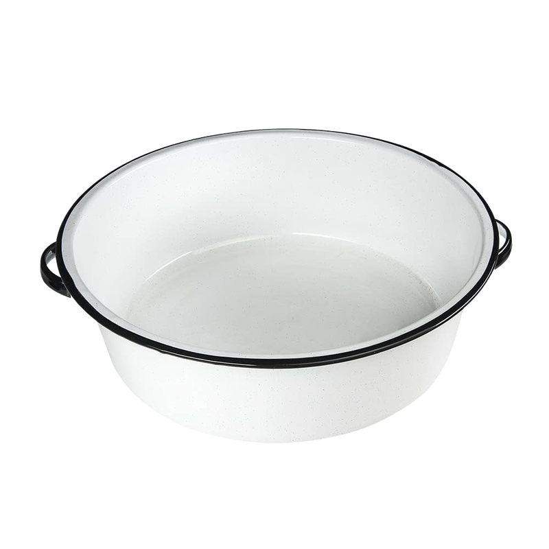 White enamelware dish basin with black trim and handles, sturdy and versatile for camping, household cleaning, and farm use, featured in home decor and outdoor collections.