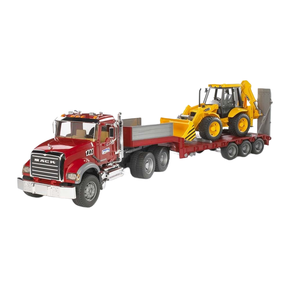 Bruder Toys MACK Granite Truck with Lowboy Trailer & JCB 4CX Backhoe Loader