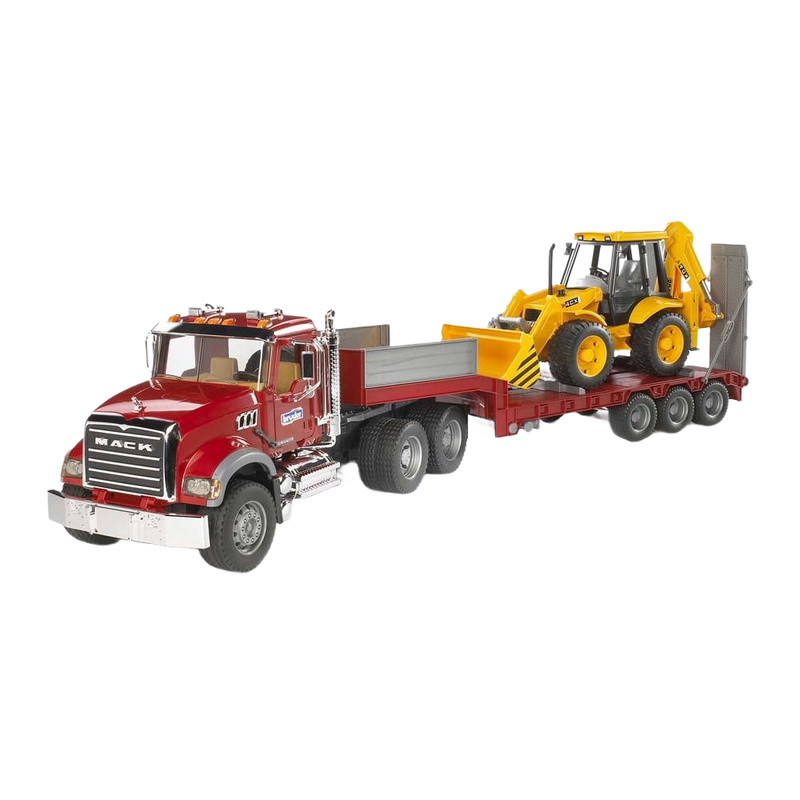 Bruder Toys MACK Granite Truck with Lowboy Trailer & JCB 4CX Backhoe Loader