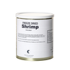 Can of freeze-dried shrimp with instructional label for rehydration and cooking, USA made and included in collections for emergency supplies, kitchen food, and long-term storage.