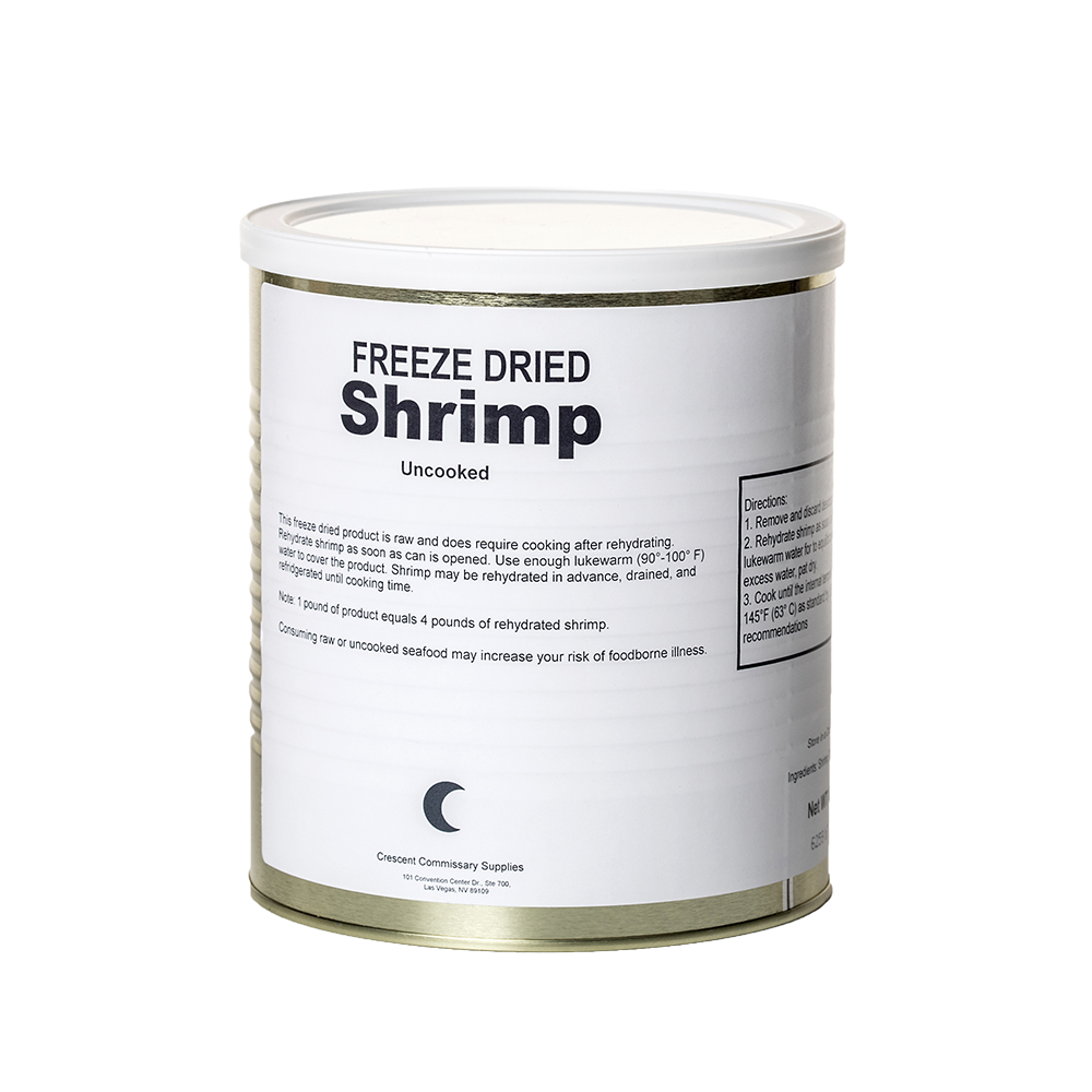 Can of freeze-dried shrimp with instructional label for rehydration and cooking, USA made and included in collections for emergency supplies, kitchen food, and long-term storage.