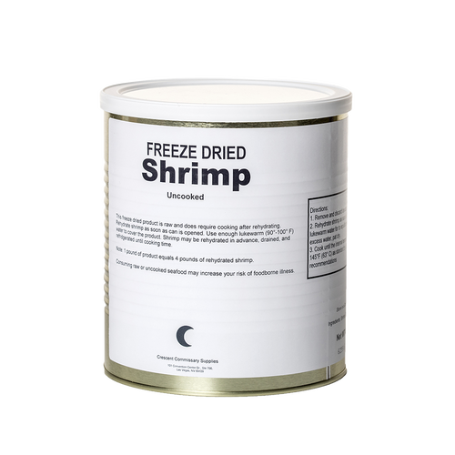 Can of freeze-dried shrimp with instructional label for rehydration and cooking, USA made and included in collections for emergency supplies, kitchen food, and long-term storage.