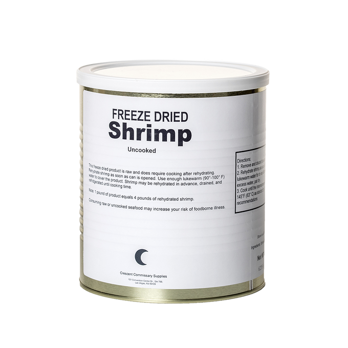 Can of freeze-dried shrimp with instructional label for rehydration and cooking, USA made and included in collections for emergency supplies, kitchen food, and long-term storage.