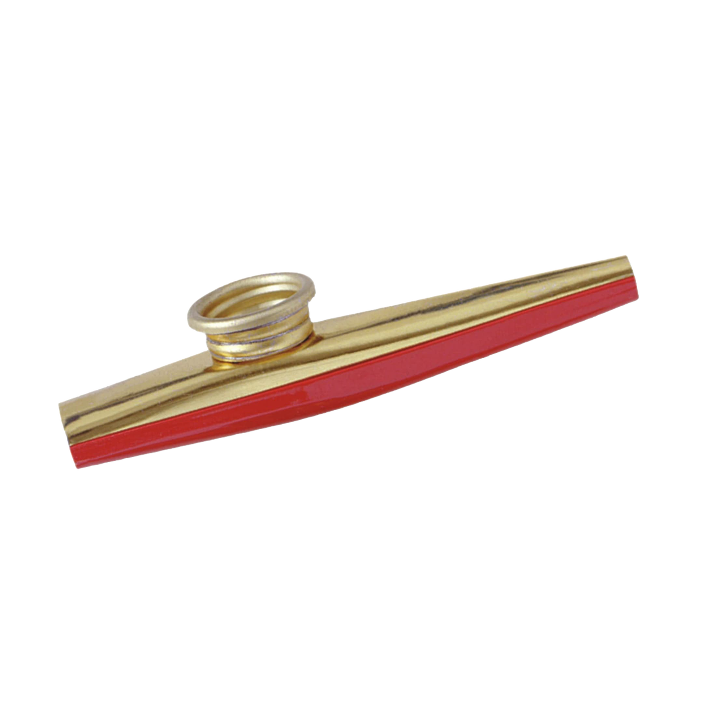 Handcrafted metal kazoo with polished brass finish and red trim, designed for indoor play and music, suitable for ages 10 and up, made in USA and featured in Toys, Books & Games and Best Sellers collections.