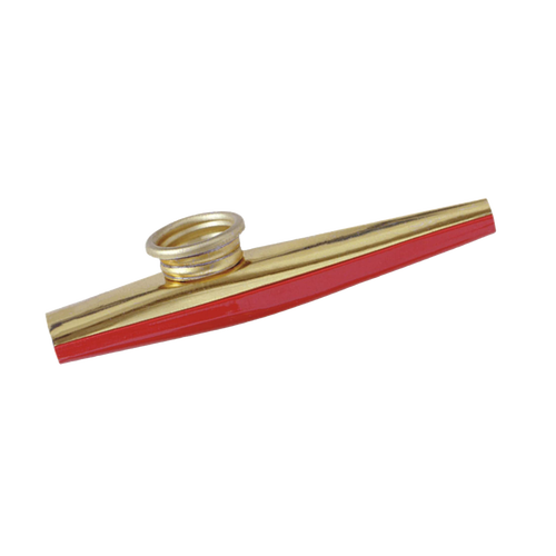 Handcrafted metal kazoo with polished brass finish and red trim, designed for indoor play and music, suitable for ages 10 and up, made in USA and featured in Toys, Books & Games and Best Sellers collections.