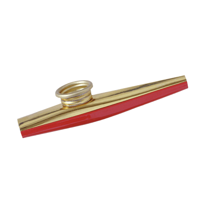Handcrafted metal kazoo with polished brass finish and red trim, designed for indoor play and music, suitable for ages 10 and up, made in USA and featured in Toys, Books & Games and Best Sellers collections.