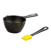 Black cast iron melting pot with a handle, accompanied by a black brush with yellow silicone bristles, designed for even heat retention, ideal for Kitchen & Food and Cast Iron collections.