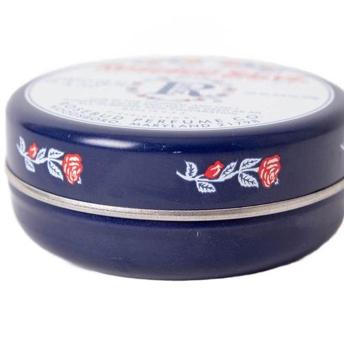 Round navy blue metal tin of handcrafted Original Rosebud Salve with vintage rose design, made in USA, perfect for Health & Wellness, Health Remedies, and Best Sellers collections.