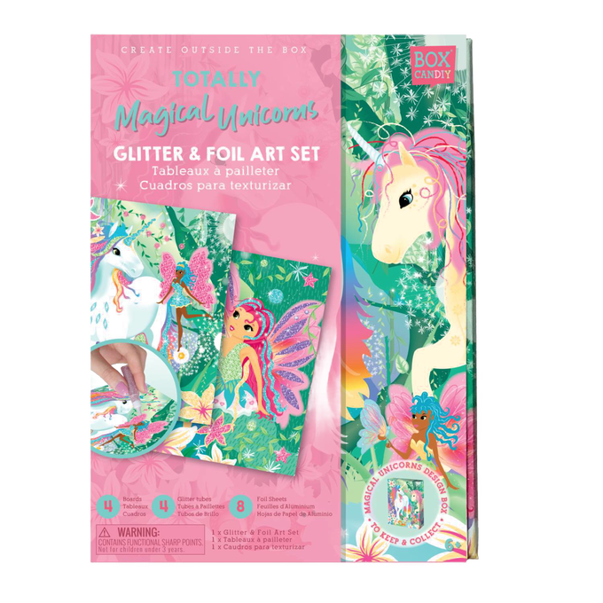 Brightly colored unicorn and fairy-themed glitter and foil art kit featuring multiple shimmer foil sheets and glitter tubes, designed for creative play in Toys, Arts and Crafts, and Children's Toys collections.