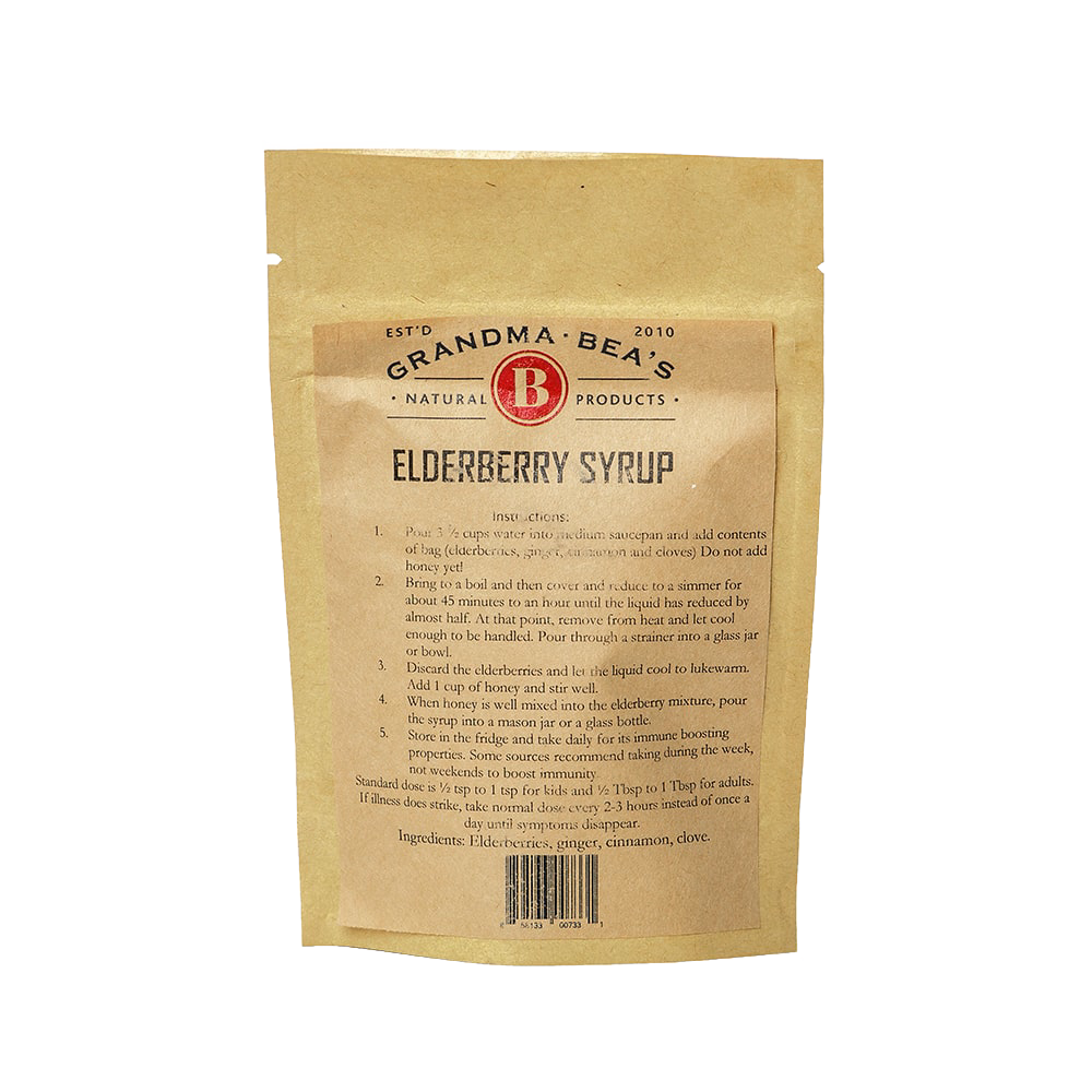 Brown kraft pouch of natural elderberry syrup mix with instructions and ingredients, made in USA, designed for immune boosting, featured in Health & Wellness and Kitchen & Food collections.