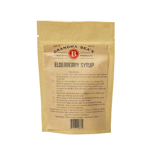 Brown kraft pouch of natural elderberry syrup mix with instructions and ingredients, made in USA, designed for immune boosting, featured in Health & Wellness and Kitchen & Food collections.