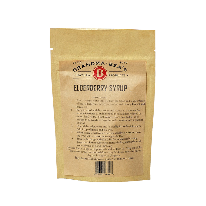 Brown kraft pouch of natural elderberry syrup mix with instructions and ingredients, made in USA, designed for immune boosting, featured in Health & Wellness and Kitchen & Food collections.