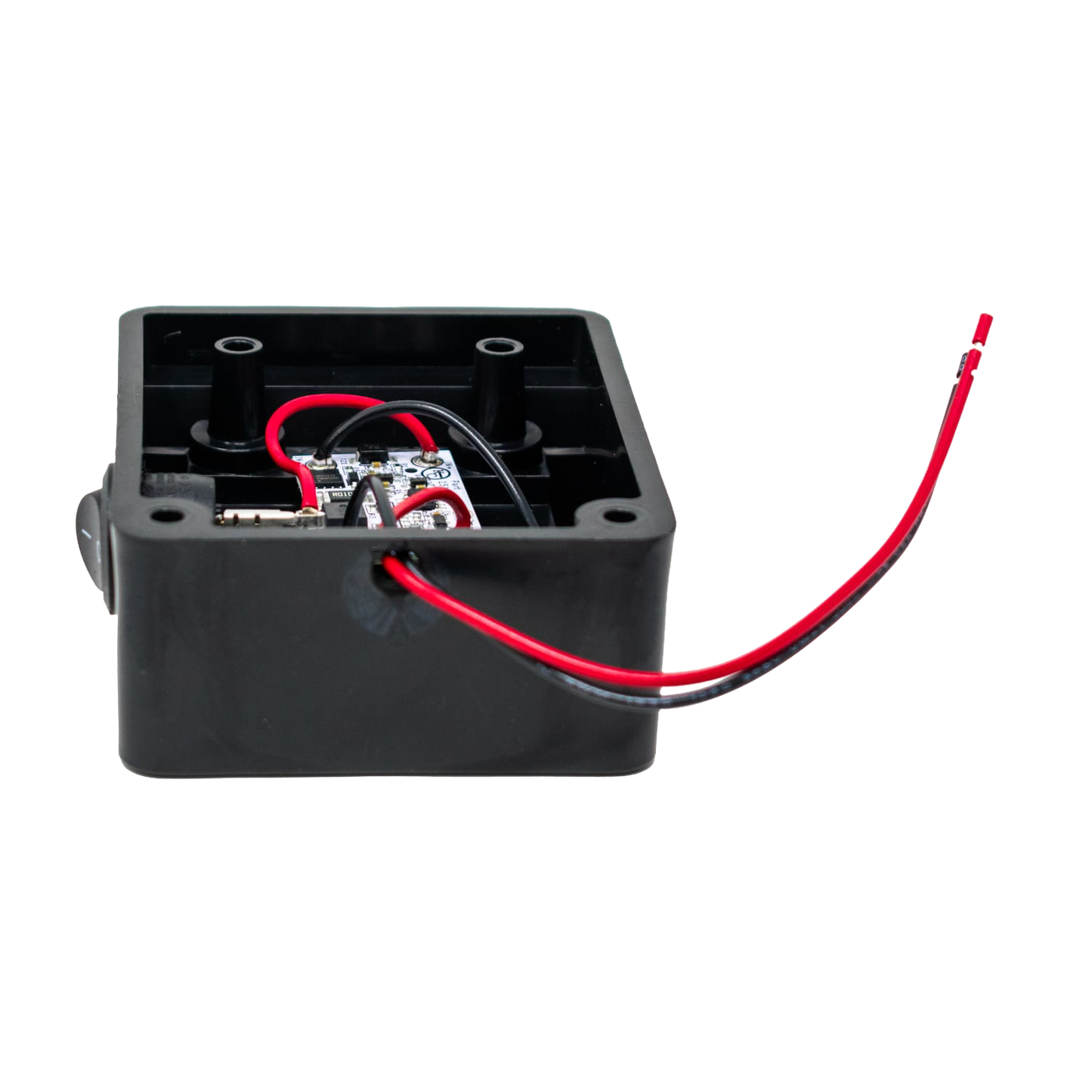 Black plastic battery adapter box with internal wiring and red and black insulated leads, designed for use in LED lighting within Lamps & Lighting, Battery, Solar, and LED collections.