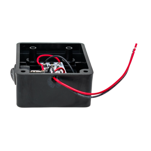Black plastic battery adapter box with internal wiring and red and black insulated leads, designed for use in LED lighting within Lamps & Lighting, Battery, Solar, and LED collections.