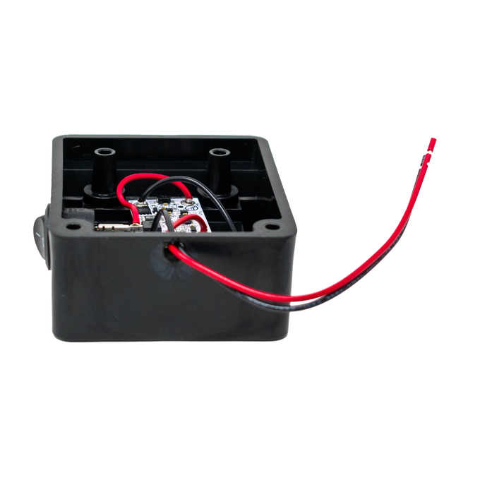 Black plastic battery adapter box with internal wiring and red and black insulated leads, designed for use in LED lighting within Lamps & Lighting, Battery, Solar, and LED collections.
