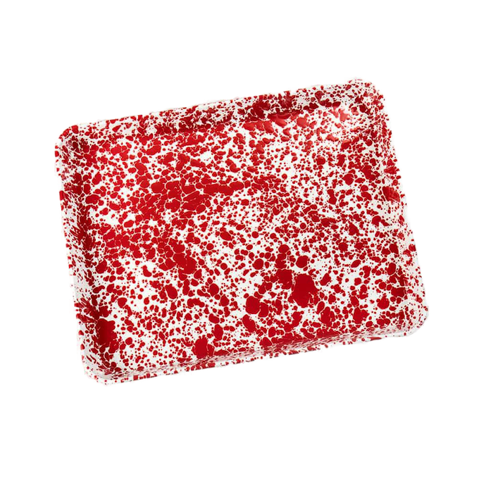 Red and white speckled enamel pan designed for baking rolls, roasting vegetables, or serving, featuring durable porcelain finish and suitable for kitchen, cookware, and baking supplies collections.
