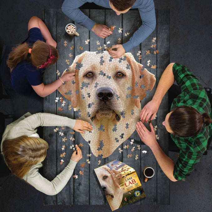 Group assembling a handcrafted 550-piece dog head shaped jigsaw puzzle featuring a Labrador design, perfect for Toys, Books & Games, Children's Toys, Games and Puzzles, Best Sellers, and Promo Eligible collections.