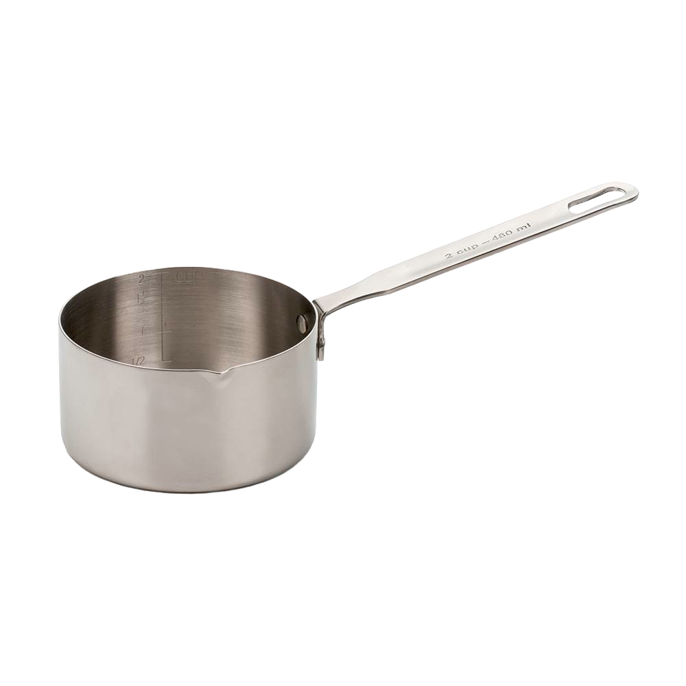 Sturdy stainless steel measuring pan with clear interior measurement markings and a long handle, perfect for stove use and food preparation in Kitchen & Food, Cookware, Baking Supplies, and Measuring collections.