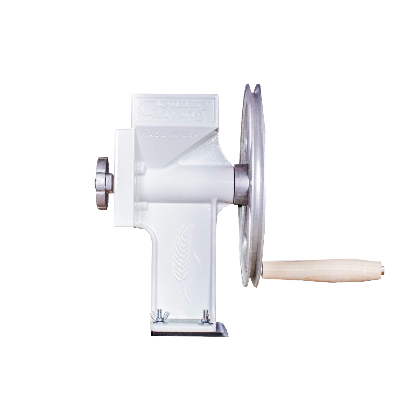 Handcrafted USA made grain mill with a sturdy aircraft aluminum flywheel, machined steel burrs, and wooden handle, ideal for farm, garden, kitchen, and emergency supplies.